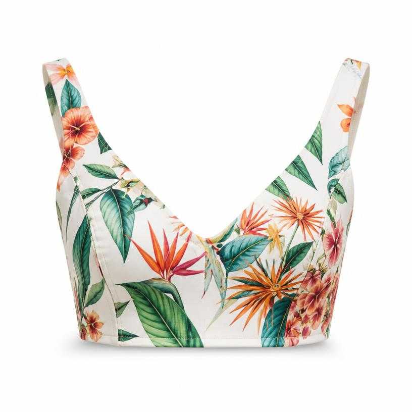 Generated item image of fitted white multicolor tropical print woven crop top