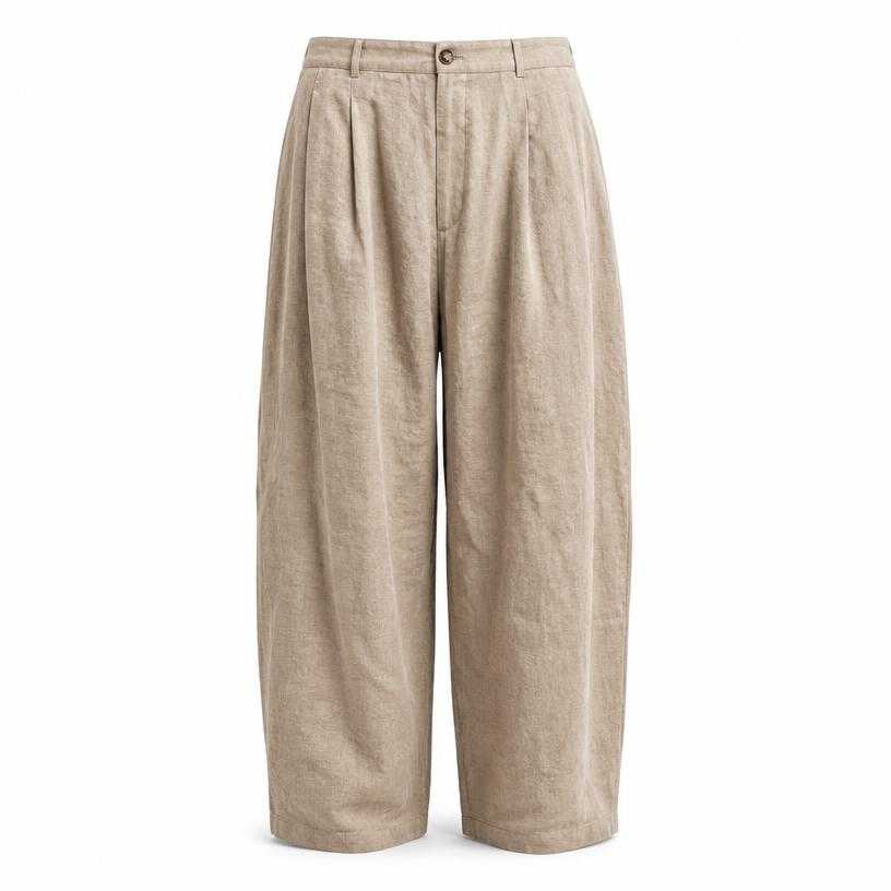Generated item image of oversized beige tan pleated linen-like woven fabric trousers