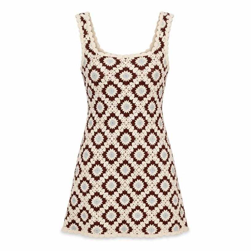 Generated item image of fitted burgundy brown sleeveless crochet knit mini dress