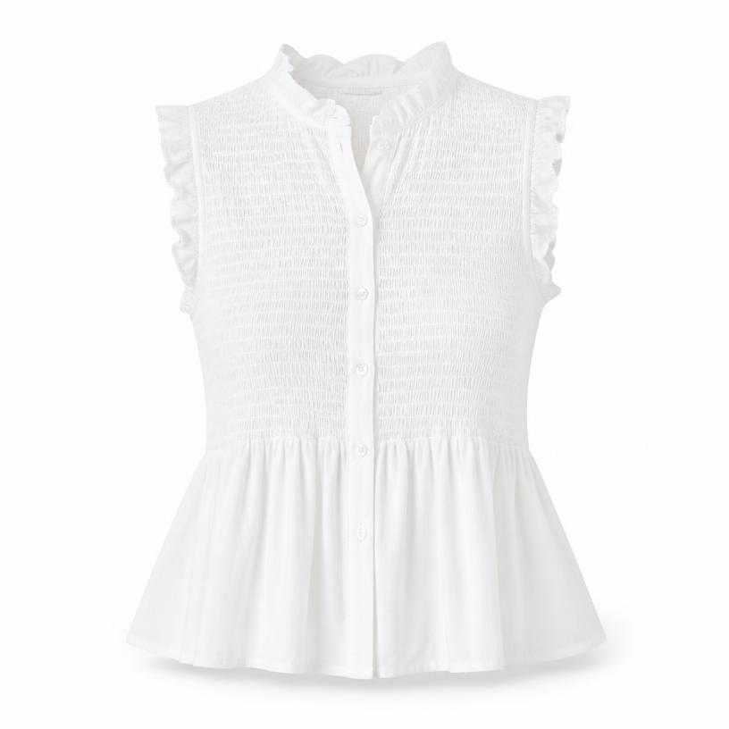 Generated item image of fitted white smocked sleeveless blouse