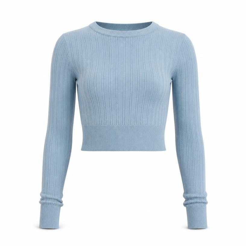 Generated item image of fitted dusty light blue cropped ribbed knit top