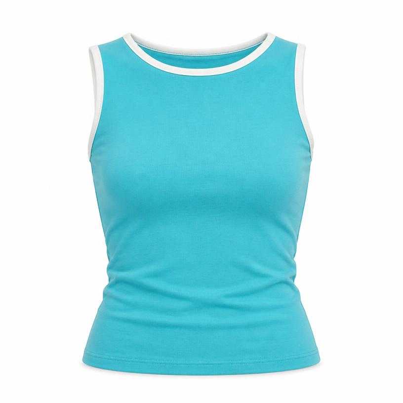 Generated item image of fitted bright turquoise blue contrast trim smooth stretch knit sleeveless top