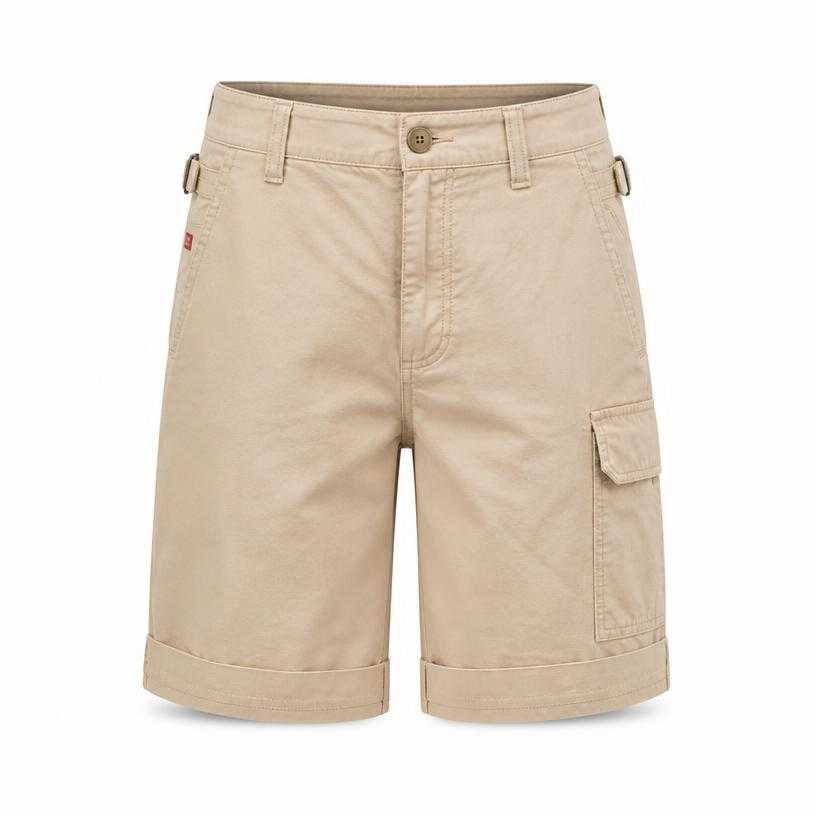 Generated item image of relaxed beige knee-length cotton twill cargo shorts