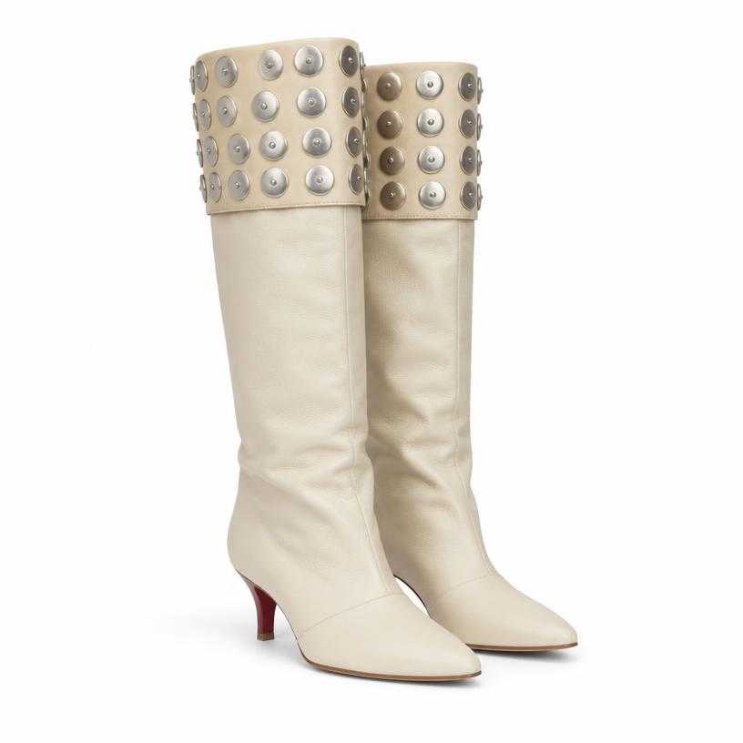 Generated item image of fitted cream studded cuff leather knee-high boots