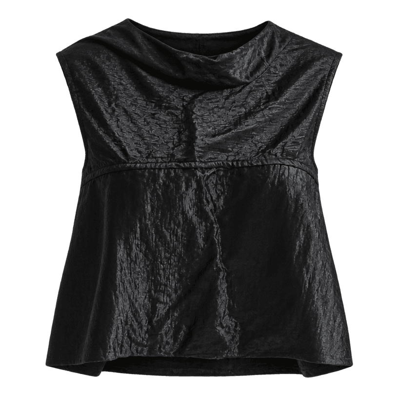 Generated item image of relaxed black boxy cropped shiny textured fabric sleeveless top
