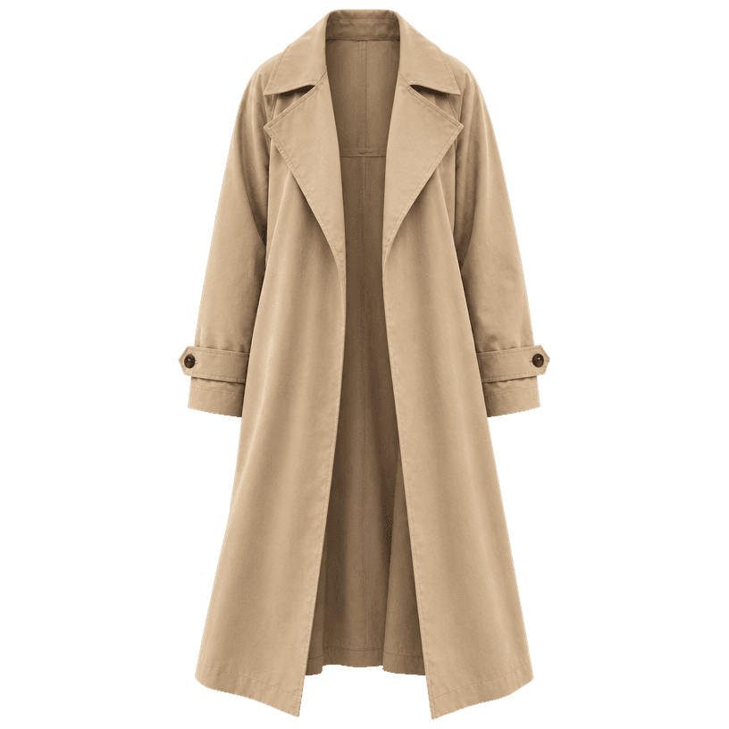 Generated item image of relaxed beige long length cotton twill trench coat