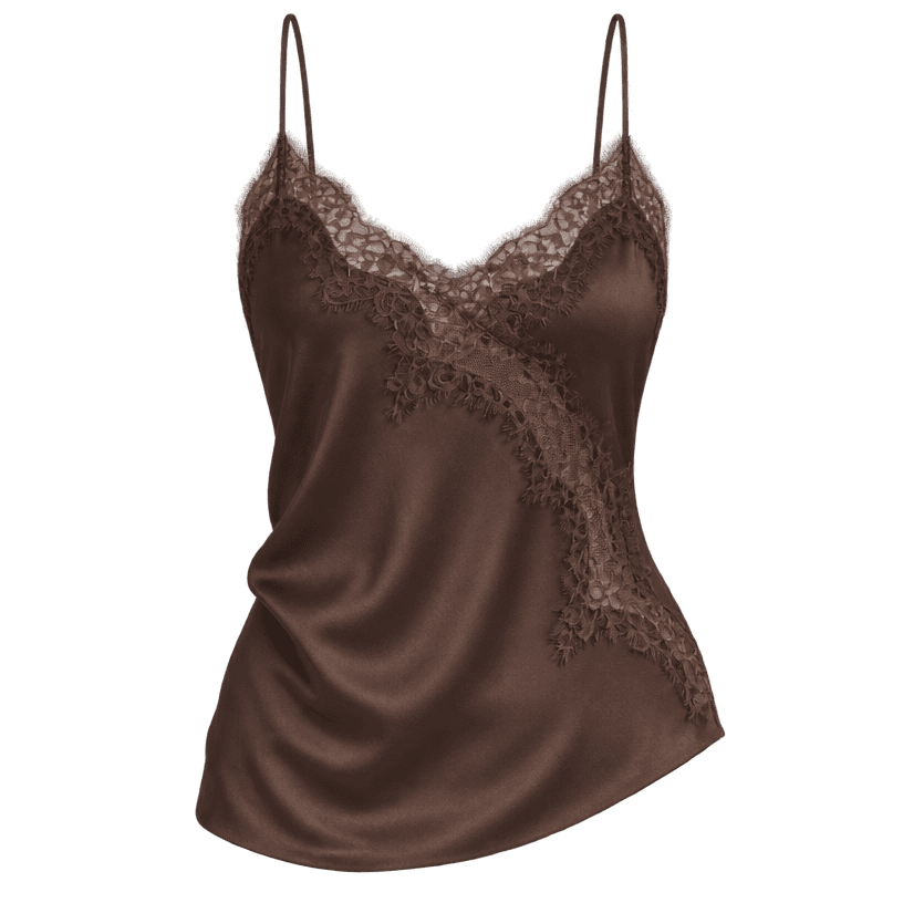 Generated item image of relaxed dark brown lace-trim satin-like fabric camisole top