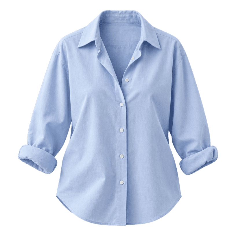 Generated item image of relaxed light blue open collar woven cotton button-up shirt