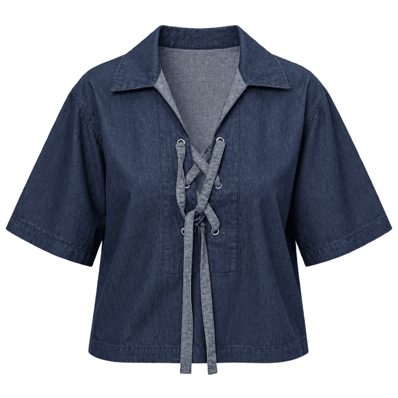 Generated item image of relaxed dark blue lace-up denim short-sleeve shirt