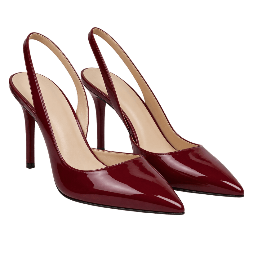 Generated item image of deep red pointed toe glossy patent-like material heels