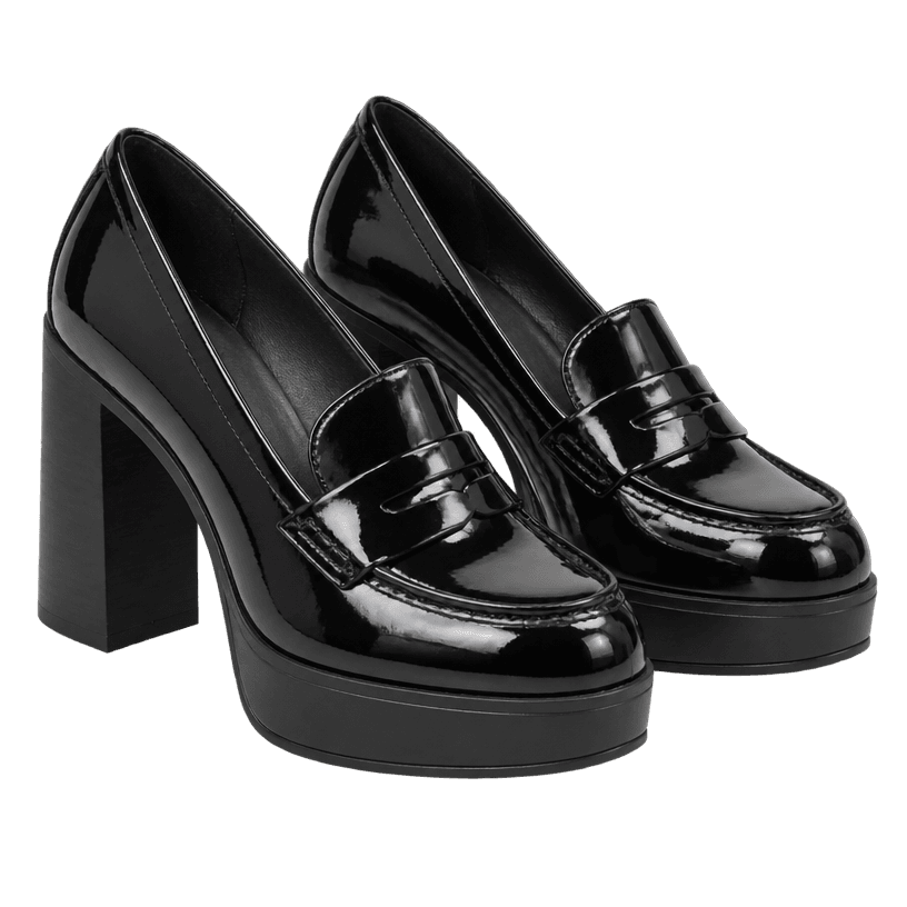 Generated item image of black chunky platform patent leather-like heeled loafers