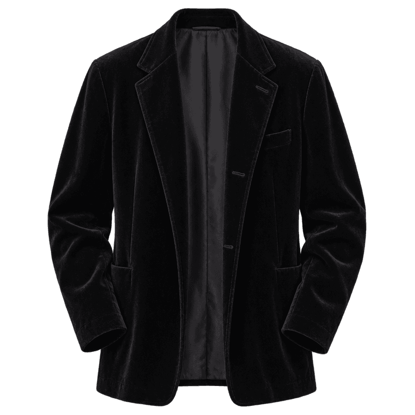Imej item yang dijana untuk Jaket hitam berpotongan santai dengan lapel bertakuk daripada fabrik berbulu seperti baldu