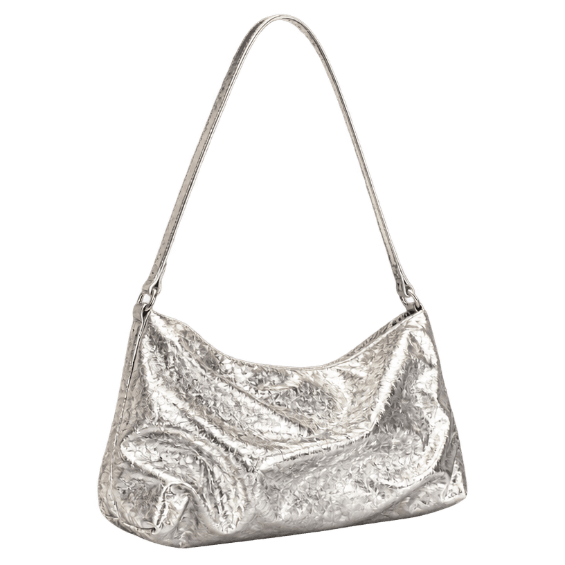 Generated item image of metallic silver small crinkled metallic material shoulder bag