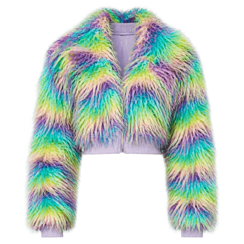 Imej item yang dijana untuk Jaket bulu tiruan bertekstur shaggy, potongan pendek dan longgar, dalam pelbagai warna pastel: biru kehijauan, ungu, kuning dan hijau