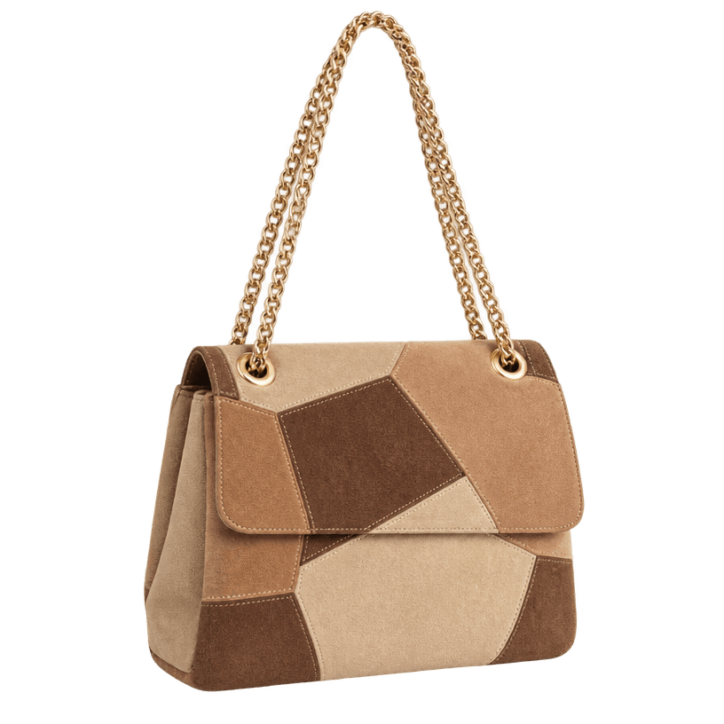 Generated item image of brown and beige tan patchwork suede-like shoulder bag