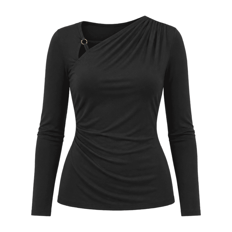 Generated item image of fitted black asymmetric neckline soft jersey knit long-sleeve top