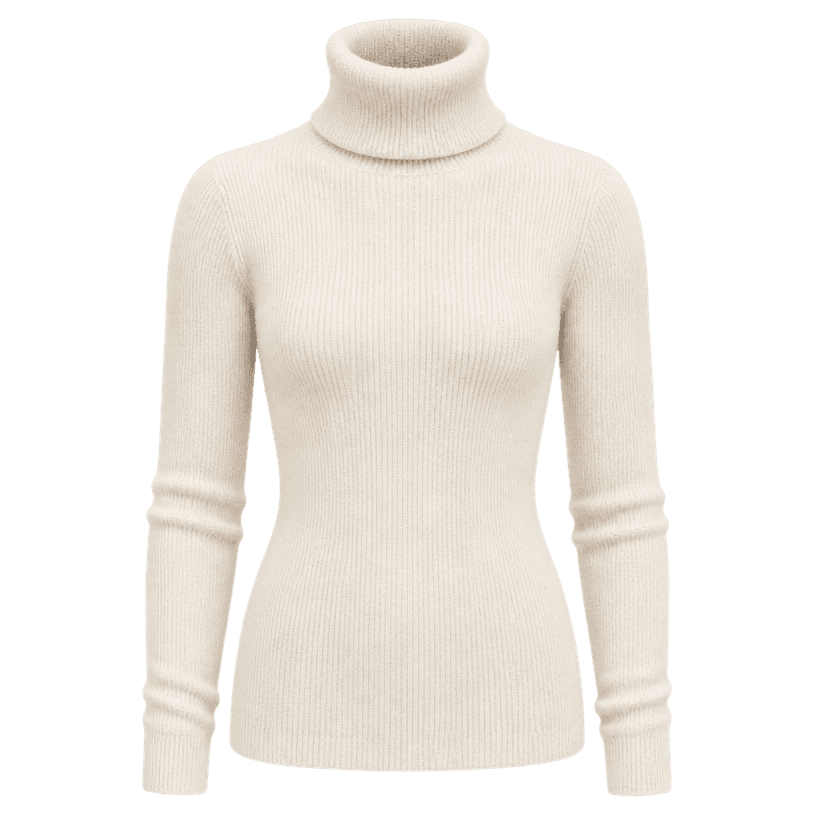 Generated item image of fitted cream ribbed knit turtleneck sweater