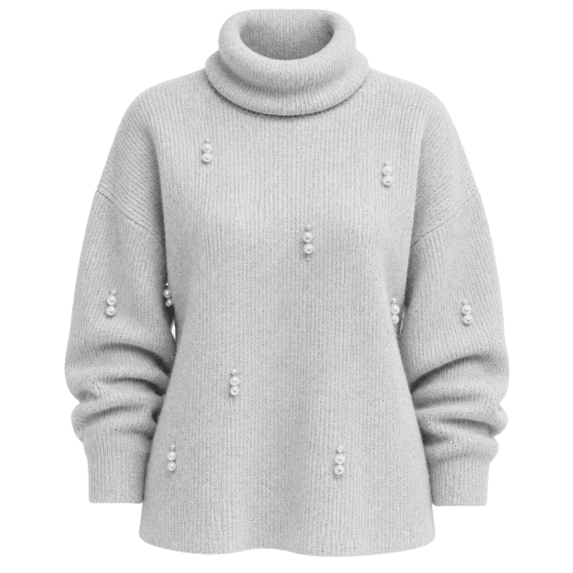Generated item image of relaxed light grey pearl-embellished ribbed knit turtleneck sweater