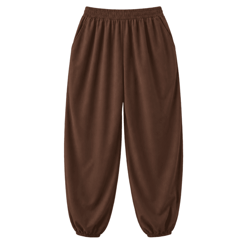 Generated item image of relaxed dark brown cropped tapered soft drapey fabric trousers
