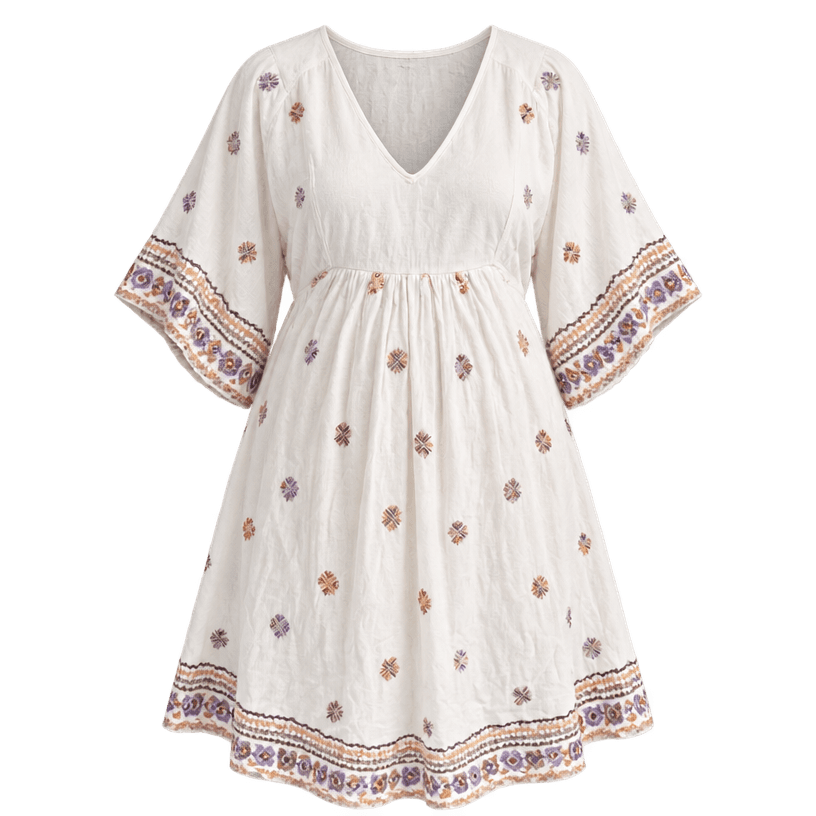 Generated item image of relaxed white embroidered lightweight woven fabric tunic dress