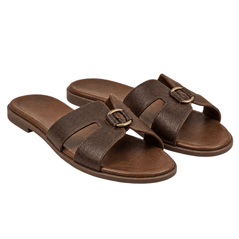 Generated item image of dark brown open toe leather-like straps slide sandals