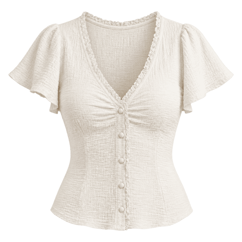 Generated item image of fitted cream ruffled trim crinkled woven fabric short-sleeve blouse