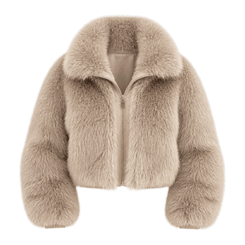 Generated item image of relaxed beige tan cropped faux fur jacket