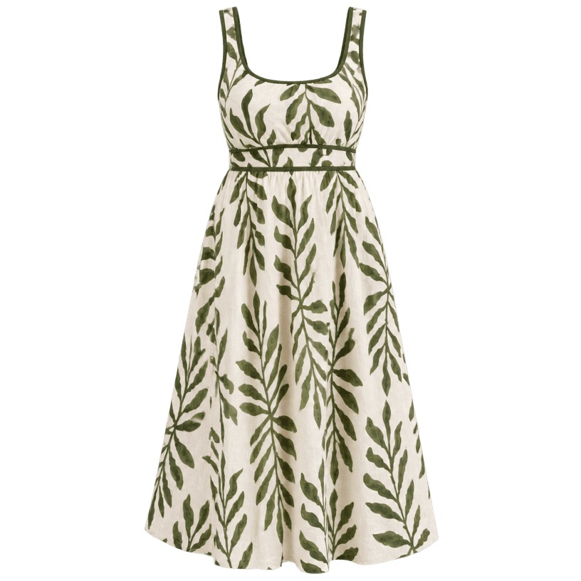 Generated item image of relaxed cream with green botanical print scoop neckline light woven fabric sleeveless dress