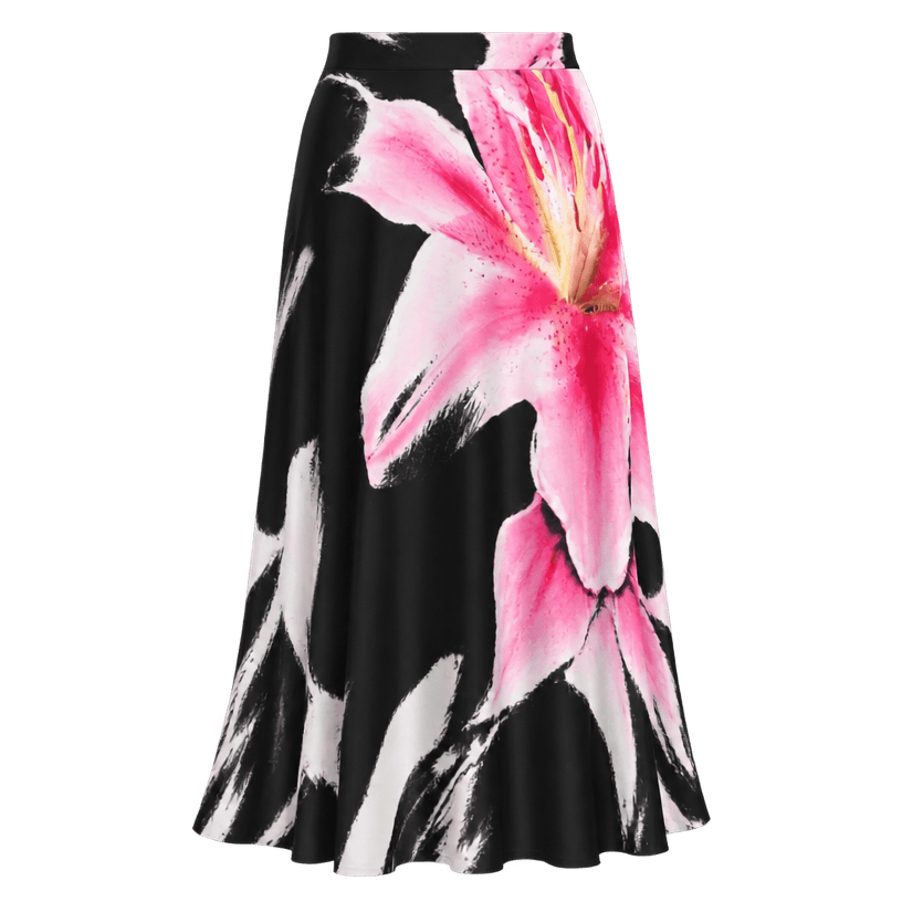 Generated item image of relaxed black, white, and pink floral print smooth lightweight fabric skirt