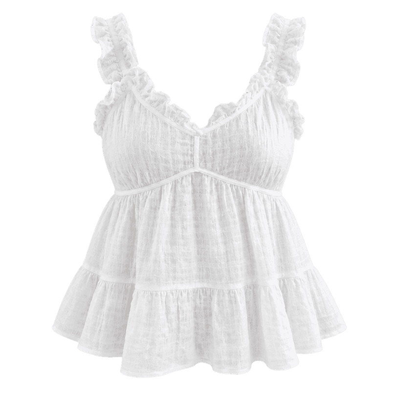 Generated item image of relaxed white tiered peplum textured cotton-like woven fabric sleeveless top