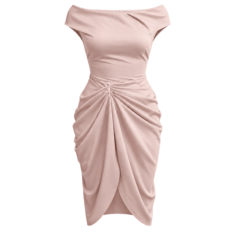 Generated item image of fitted pale blush pink off-shoulder smooth lightweight woven dress