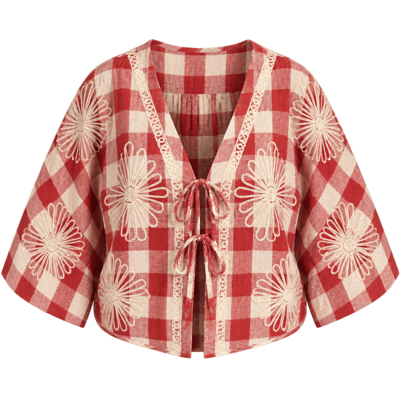 Generated item image of relaxed red and cream embroidered gingham light woven fabric tie-front top