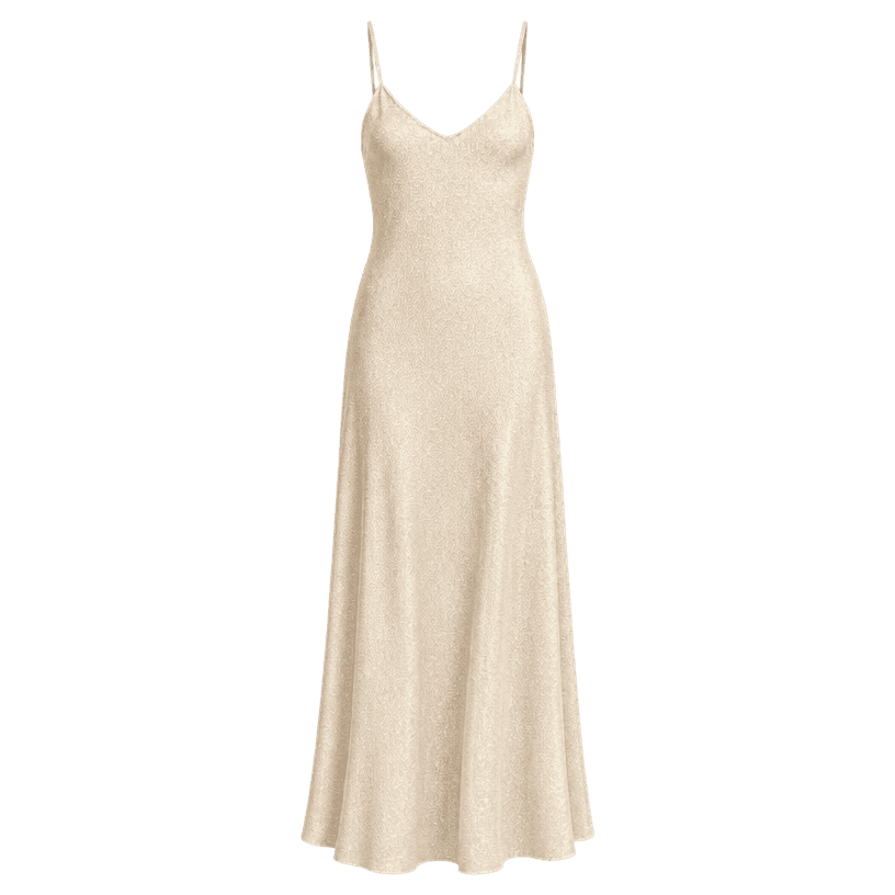 Generated item image of relaxed cream slip-style shimmery textured fabric dress