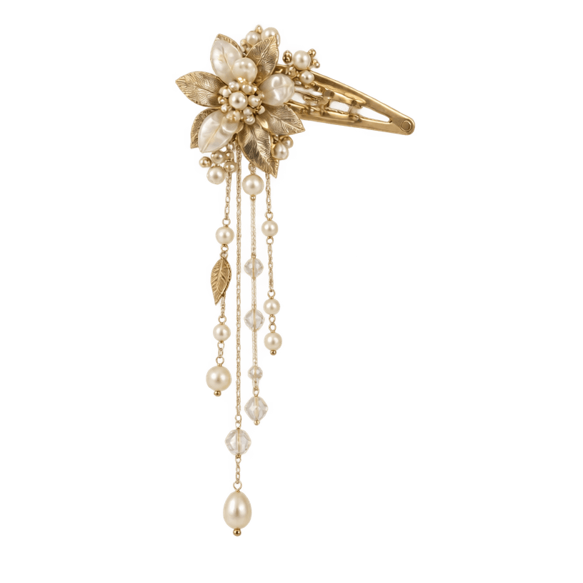 Generated item image of gold and pearl-toned floral cluster metal with bead details hair clip