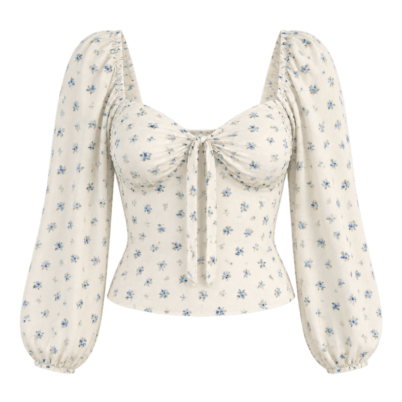 Generated item image of fitted cream blue floral print light woven fabric long-sleeve top