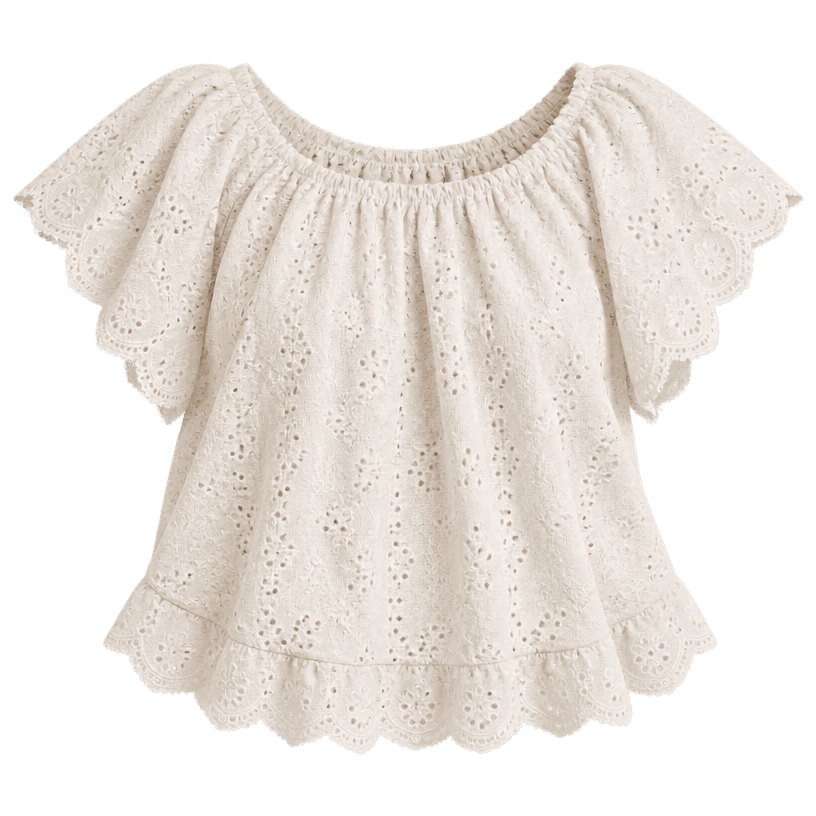 Generated item image of relaxed cream scalloped cotton eyelet lace top