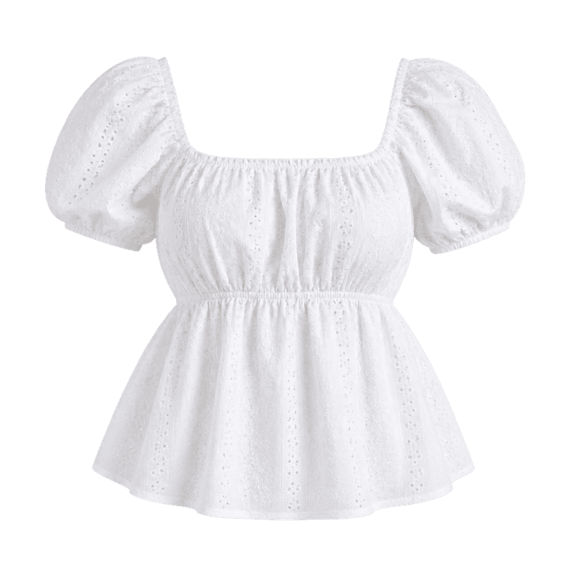 Generated item image of relaxed white puff sleeve eyelet cotton-like fabric blouse