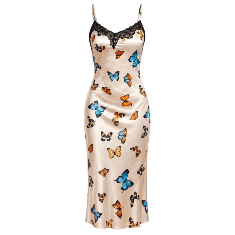 Generated item image of fitted cream butterfly print satin-like fabric slip dress