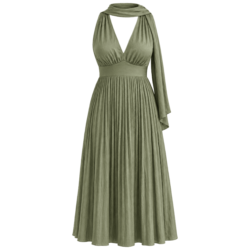 Generated item image of relaxed muted olive green pleated soft lightweight fabric sleeveless dress