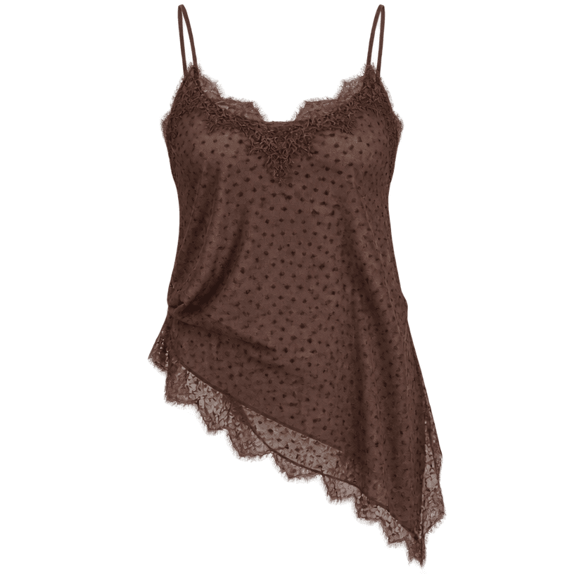 Generated item image of relaxed dark brown lace-trim sheer dotted fabric camisole top