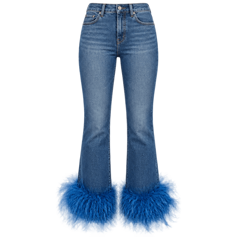 Generated item image of fitted medium blue feather-trimmed denim jeans