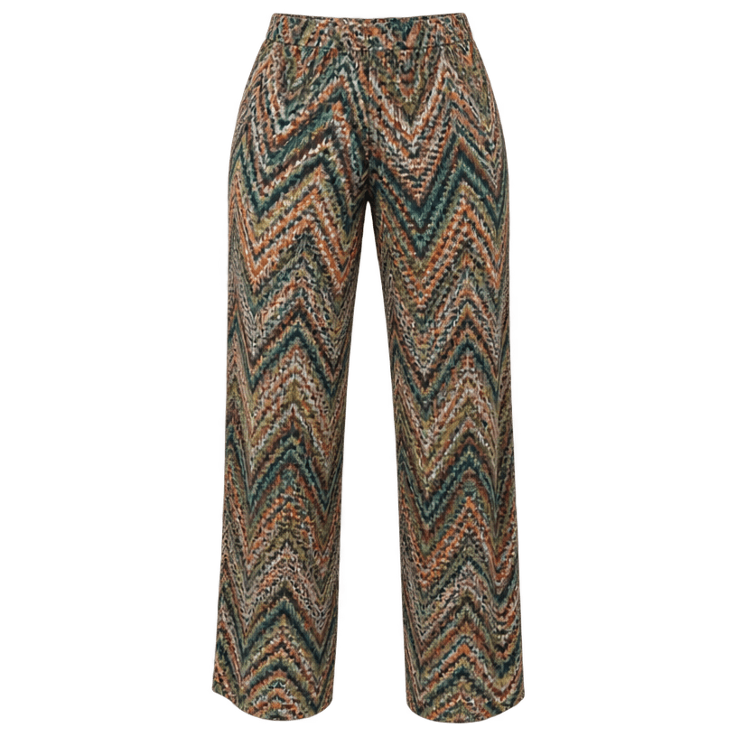 Generated item image of relaxed multicolor earth tones zigzag print lightweight woven fabric trousers