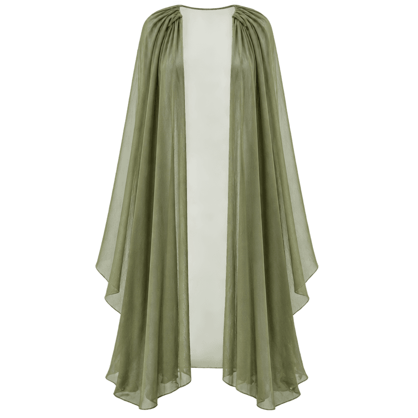 Generated item image of relaxed darker olive green draped sheer lightweight fabric cape overlay