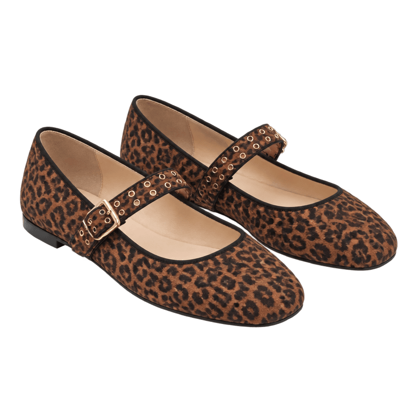 Generated item image of fitted brown and black leopard print instep strap mary jane flats