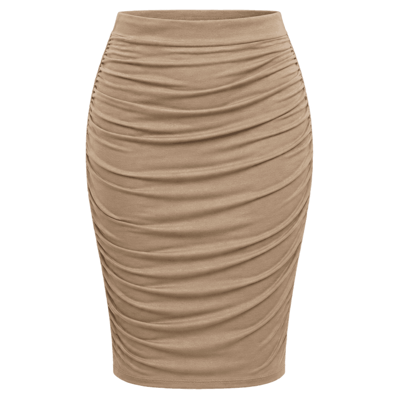 Generated item image of fitted tan beige ruched jersey-like fabric knee-length skirt