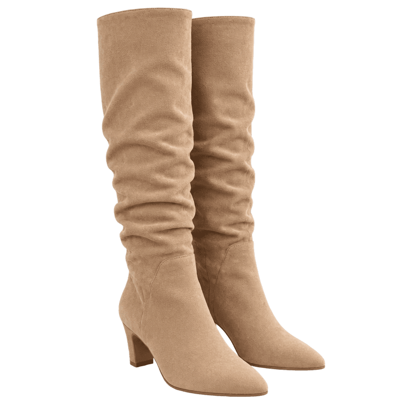 Generated item image of fitted tan soft shaft suede-like material knee-high boots