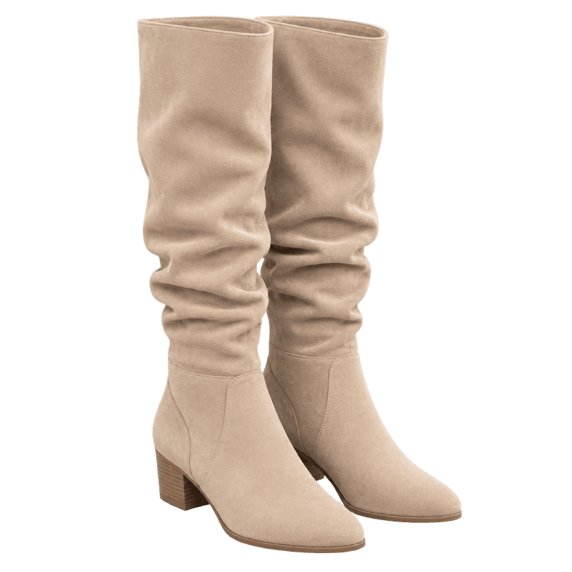 Generated item image of relaxed beige tan tall shaft suede-like boots