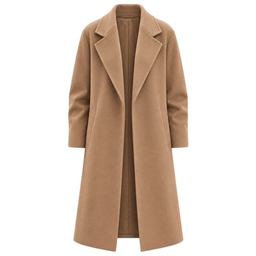 Generated item image of relaxed camel brown notched lapels wool-like felted fabric long coat