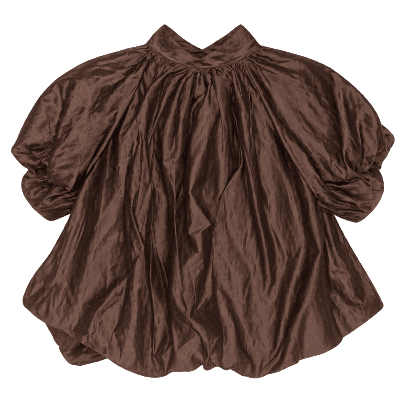 Generovaný obrázok položky oversize blúzka s balónovými rukávmi z ľahkej lesklej tkanej látky v tmavohnedej čokoládovej farbe