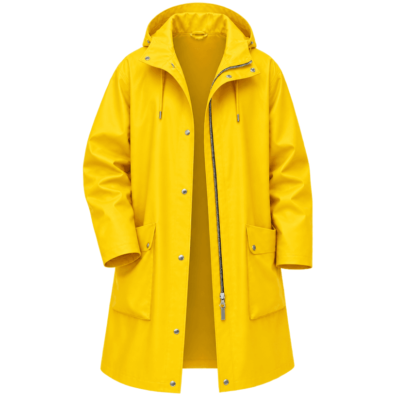 Generated item image of relaxed bright yellow hooded rubberized coated fabric raincoat